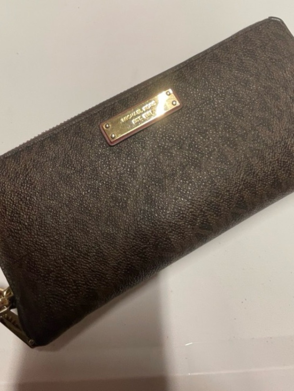 Michael Kors Brown Logo Zip Wallet with Gold Plate